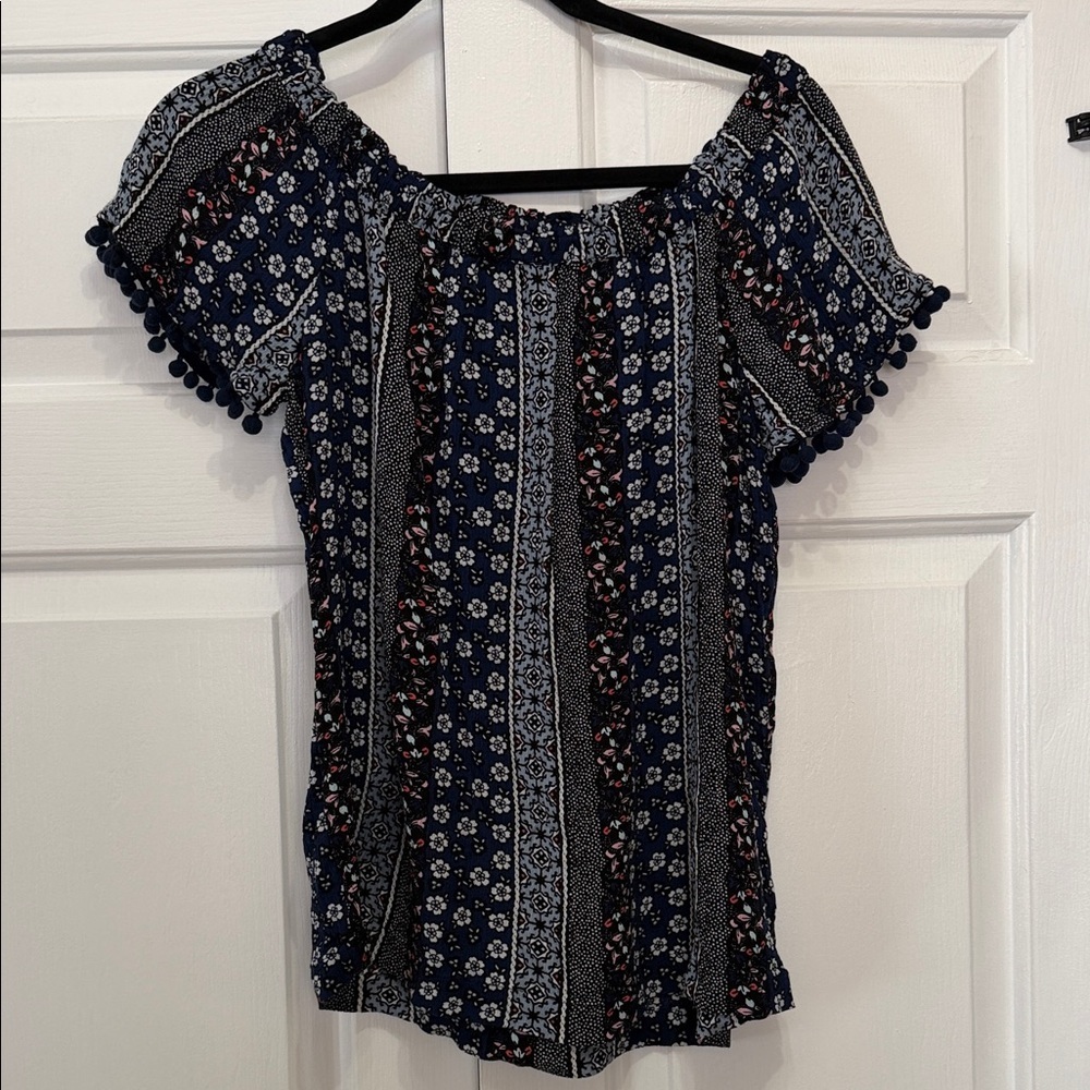 Westport Navy Floral Off-Shoulder Crop Top with Pom Trim